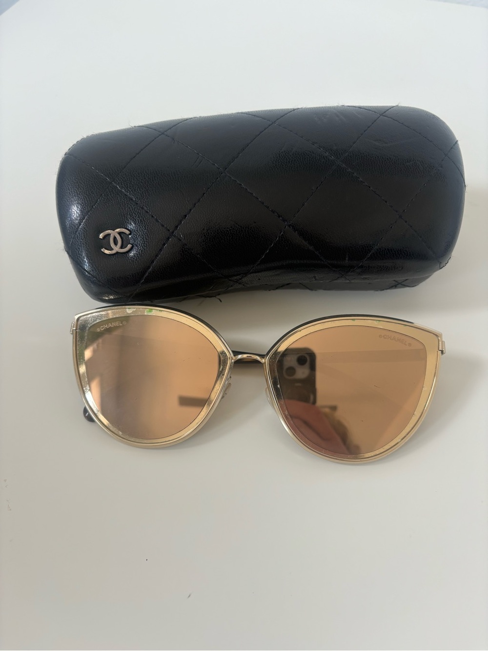 CHANEL Gold Frame Sunglasses with Brown Lenses and Black Quilted Case